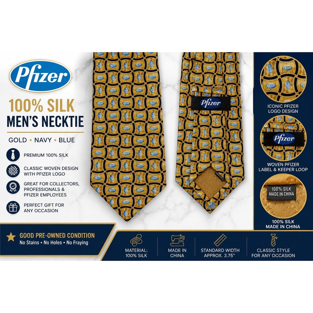 Pfizer Mens Silk Necktie Gold Navy Blue Logo Woven Corporate Medical Gift Tie